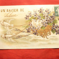 Ilustrata -Felicitare 1908 - Un baiser de Luluce , in relief , circulat