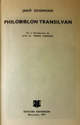 Jako Zsigmond, PHILOBIBLON TRANSILVAN, Bucuresti, 1977 foto