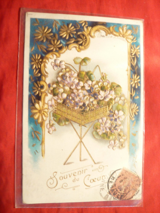 Ilustrata TCV -Felicitare 1906 -Souvenir du Coeur, in relief , circulat
