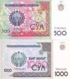 Bancnota Uzbekistan 500 si 1.000 Sum 1999/2001 - P81/82 UNC (set 2 bancnote)