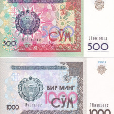 Bancnota Uzbekistan 500 si 1.000 Sum 1999/2001 - P81/82 UNC (set 2 bancnote)