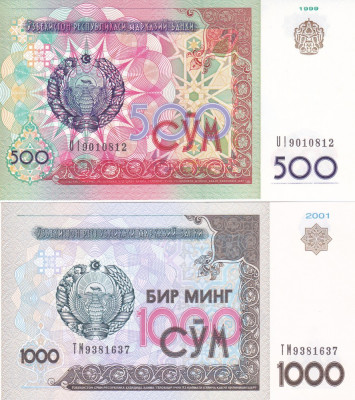 Bancnota Uzbekistan 500 si 1.000 Sum 1999/2001 - P81/82 UNC (set 2 bancnote) foto