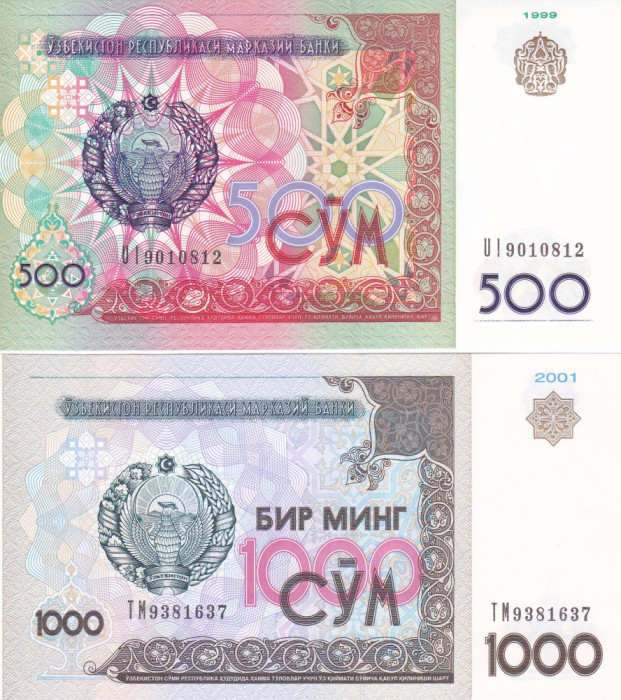 Bancnota Uzbekistan 500 si 1.000 Sum 1999/2001 - P81/82 UNC (set 2 bancnote)