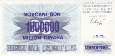 Bancnota Bosnia 1.000.000 Dinari 1993 - P35a UNC ( supratipar - NOVCANI BON ) foto