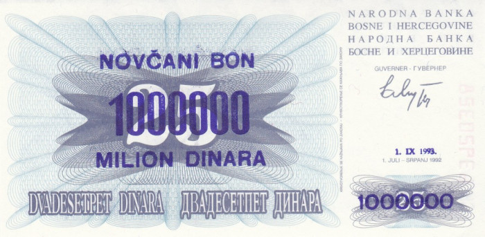 Bancnota Bosnia 1.000.000 Dinari 1993 - P35a UNC ( supratipar - NOVCANI BON )