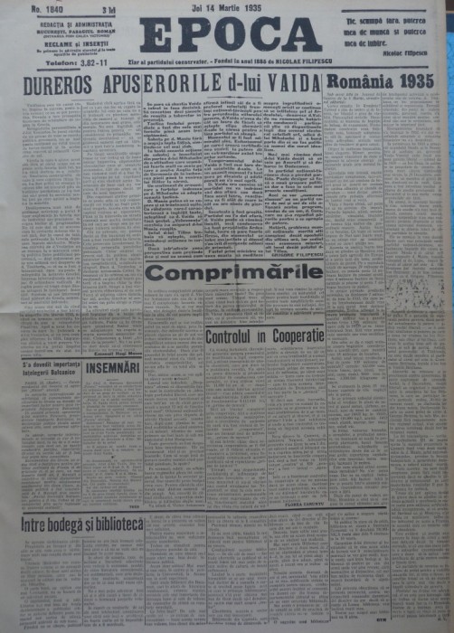 Epoca , ziar al Partidului Conservator , 14 Martie 1935 , Hagi Mosco , Vaida