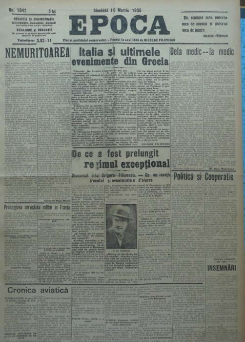 Epoca , ziar al Partidului Conservator , 16 Martie 1935 , Hagi Mosco , Goga