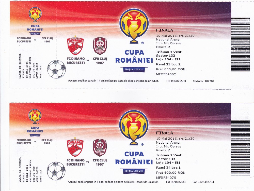 Bilet meci DINAMO BUCURESTI - CFR 1907 CLUJ 10.05.20169(finala Cupa Romaniei)  | Okazii.ro
