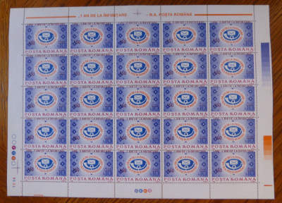 1996 ROMANIA Ziua Marcii coala 25 timbre eroare cu supratipar deplasat sus MNH foto