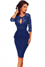 R448-4 Rochie midi eleganta, cu peplum si plasa cu aplicatii din broderie foto