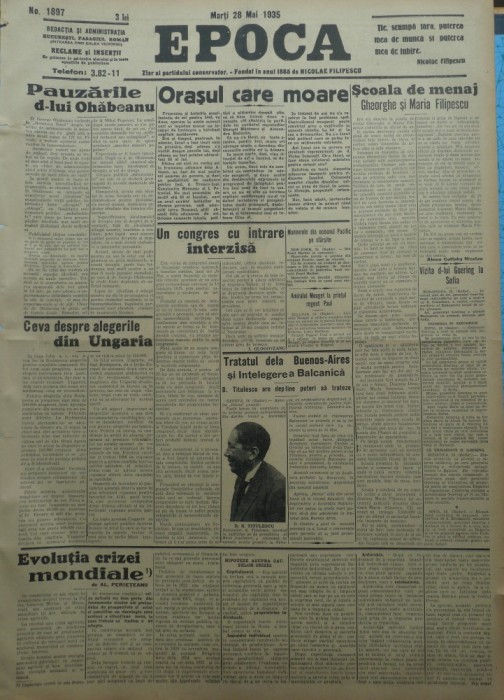 Epoca , ziar al Partidului Conservator , 28 Mai 1935 , Titulescu , Lupu