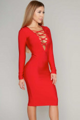 BAN361-3 Rochie midi bandage, cu decolteu adanc in V si snur in zig-zag foto