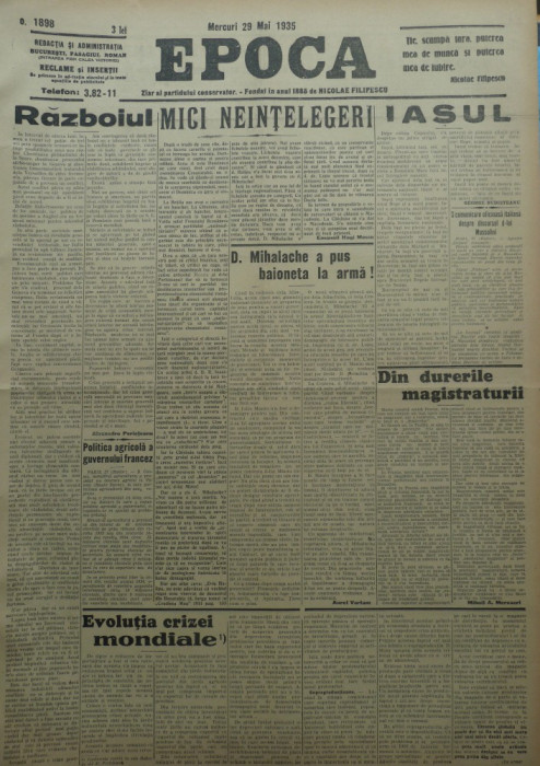 Epoca , ziar al Partidului Conservator , 29 Mai 1935 , Tatarascu , Perieteanu