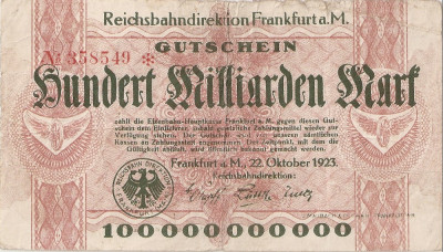 GERMANIA FRANKFURT Reichsbahn 100 Milliarden 100000000000 Mark 1923 F foto