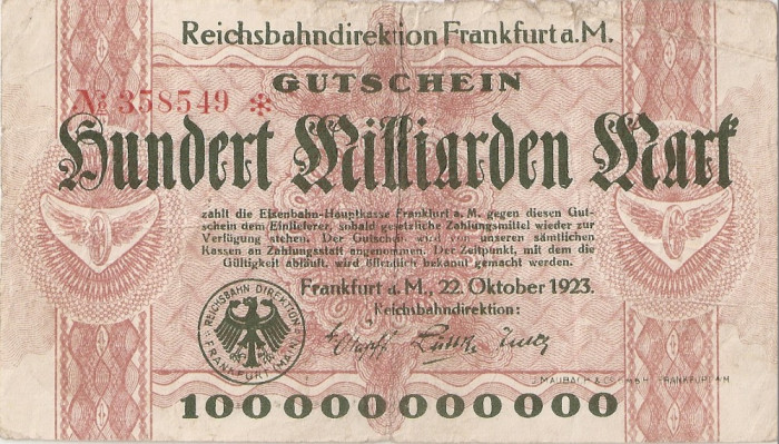 GERMANIA FRANKFURT Reichsbahn 100 Milliarden 100000000000 Mark 1923 F