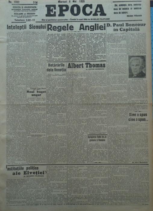 Epoca , ziar al Partidului Conservator , 8 Mai 1935 , Titulescu , V. Antonescu