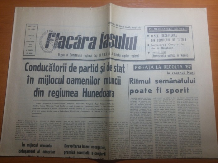 ziarul flacara iasului 8 octombrie 1966-vizita lui ceausescu in jud. hunedoara