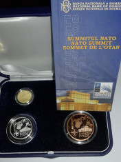 Set Romania 1, 10 si 100 Lei 2008 - Proof ( Summit NATO - aur, argint, tombac ) foto