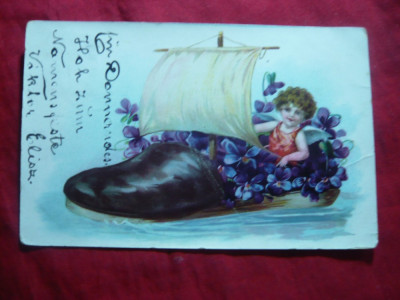 Ilustrata -Felicitare - Nava papuc si copil-litografie ,circulat Arad-Anina 1916 foto