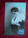 Ilustrata TCV-Felicitare An Nou- Femeie cu guler blana,circulat 1923