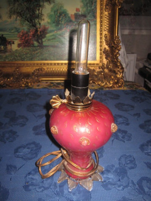 297-Lampa veioza vintage din sticla deosebita roz-mov electric 250 volti. foto