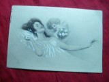 Ilustrata de autor - Femeie si ingeras -semnat MM Vienne ,inc.sec.XX