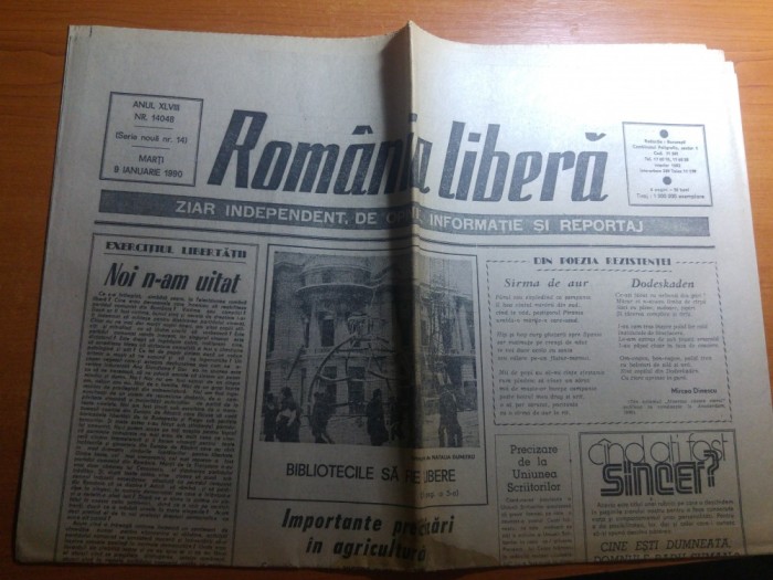 ziarul romania libera 9 ianuarie 1990-articole despre revolutie