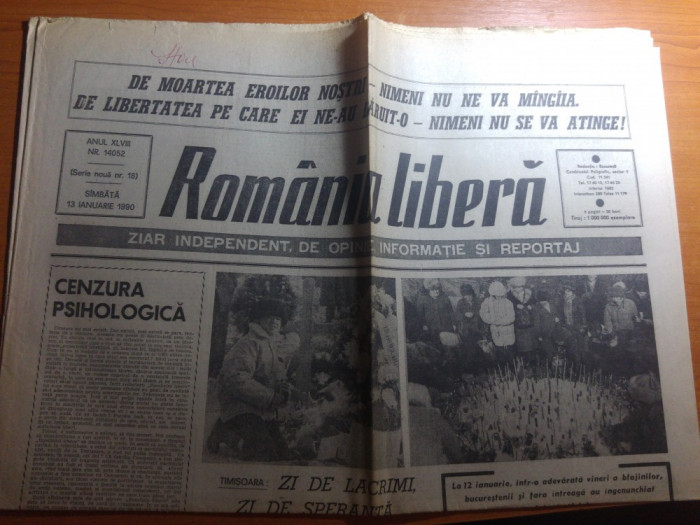 ziarul romania libera 13 ianuarie 1990 - zi de doliu national,timisoara 1 luna