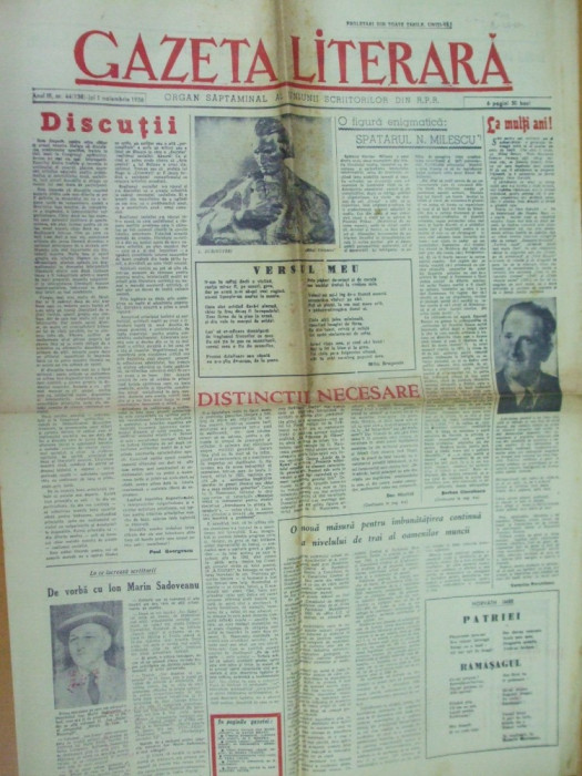 Gazeta literara 1 noiembrie 1956 desene Ross Eminescu Mihail Sebastian