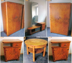Set mobila schelet lemn masiv furnir nuc, dormitor living sufragerie, dulap hol foto