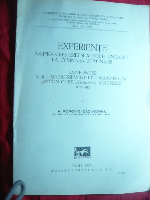 A.Popovici B- Experiente asupra cresterii si autofecundatiei la Lymnaea 1929