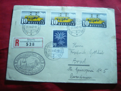 Plic circulat la Arad,1947 ,Recomandat Biroul Automobilelor Elvetiene ,timbru 10 foto
