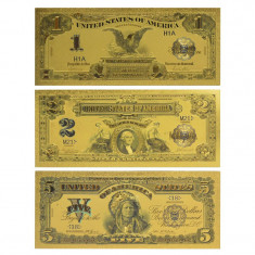 S.U.A. - SET 3 BANCNOTE 1899 - 1$, 2$, 5$ POLYMER AURIT CU AUR 24K foto