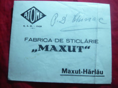 Plic cu Antetul Fabricii de Sticlarie Maxut-Harlau - f.rar foto