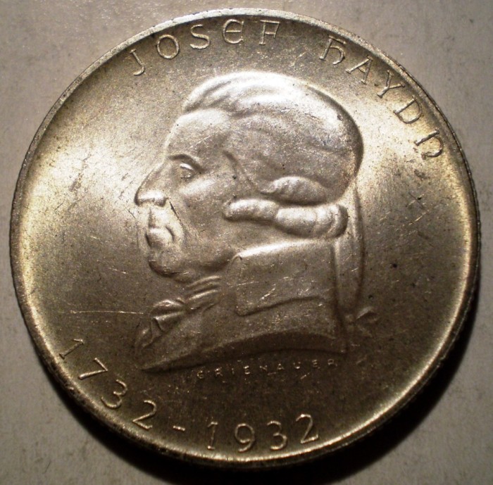 C.423 AUSTRIA HAYDN 2 SCHILLING 1932 XF/AUNC ARGINT