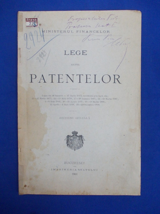 LEGE ASUPRA PATENTELOR * EDITIUNE OFICIALA - BUCURESCI - 1901 *