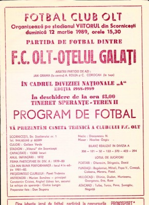 Program meci fotbal FC OLT - OTELUL GALATI 12.03.1989 foto