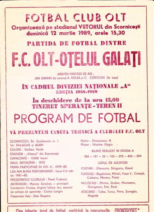 Program meci fotbal FC OLT - OTELUL GALATI 12.03.1989