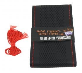 Husa volan imitatie piele neagra cu ac si ata culoare rosie foto