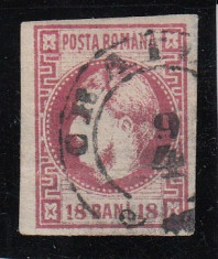 ROMANIA 1868 , LP 24a ,CAROL I CU FAVORITI VAL. 18 b CARMIN , STAMP. ,SARNIERA foto