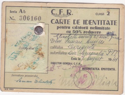 Carte de IdentitateC.F.R pentru calatorii nelimitate foto