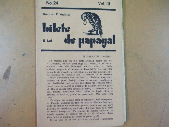 Bilete de papagal 1937 seria III nr. 24 Tudor Arghezi Ceahlau Mangalia