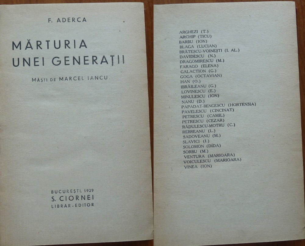 Felix Aderca , Marturia unei generatii , editia 1 ,1929 ,semnata de autor  ,masti | Okazii.ro