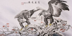 Pictura in acuarela - Fengshui Eagle Bird King - Yan Ling 132 Cm x 63 Cm foto