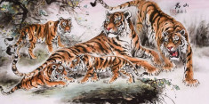 Pictura in acuarela reproducere - Great Tigers - Liang Xuan 132x63 cm foto