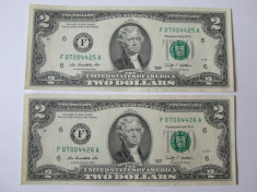 2 BANCNOTE 2 DOLLARS 2009 SERII CONSECUTIVE aUNC foto