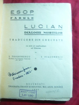 Esop - Fabule si Lucian - Dialogii Mortilor , trad. I.Teodorescu 1935 foto