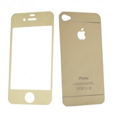 Folie Sticla iPhone 4S iPhone 4 Set 2 Buc Fata si Spate Mirror Auriu Galben Gold Protectie Antisoc Tempered Glass foto