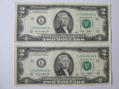 2 BANCNOTE 2 DOLLARS 2009 SERII CONSECUTIVE aUNC foto