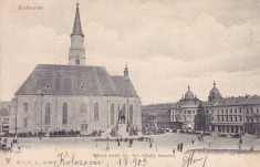 CLUJ , PIATA REGELE MATIA CORVIN CU STATUIA SI BISERICA SF.MIHAIL , CLASICA 1903 foto